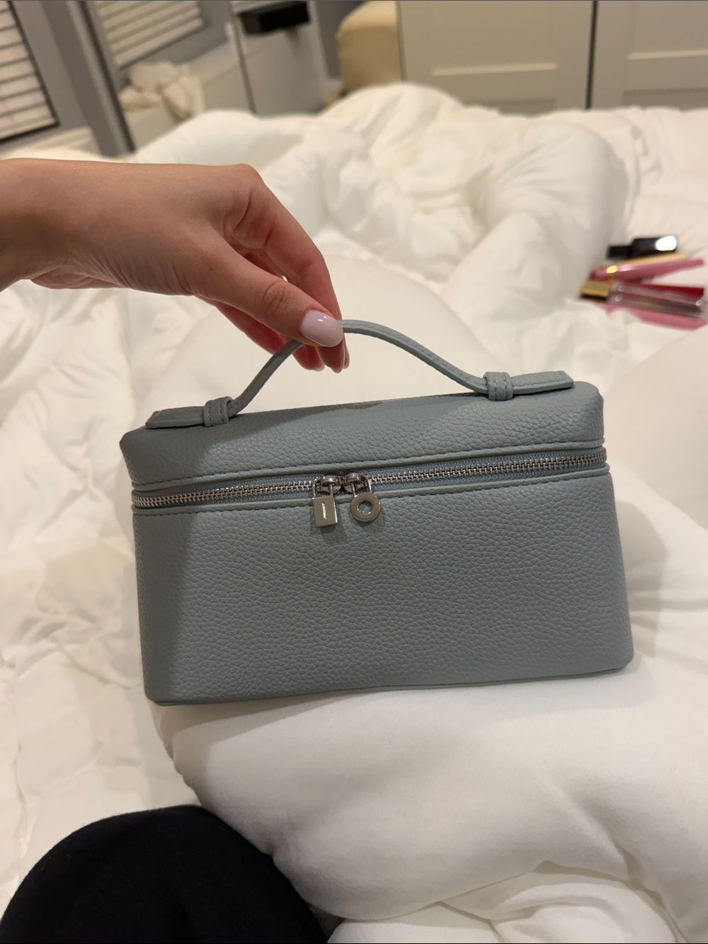 Gray Pebbled Leather Top-Handle Cosmetic Case